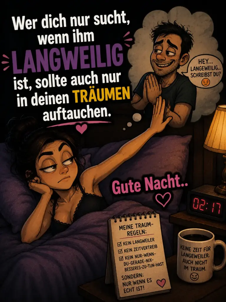 Freche verrückte witzige Gute Nacht Bilder – Frau weist langweiligen Mann ab