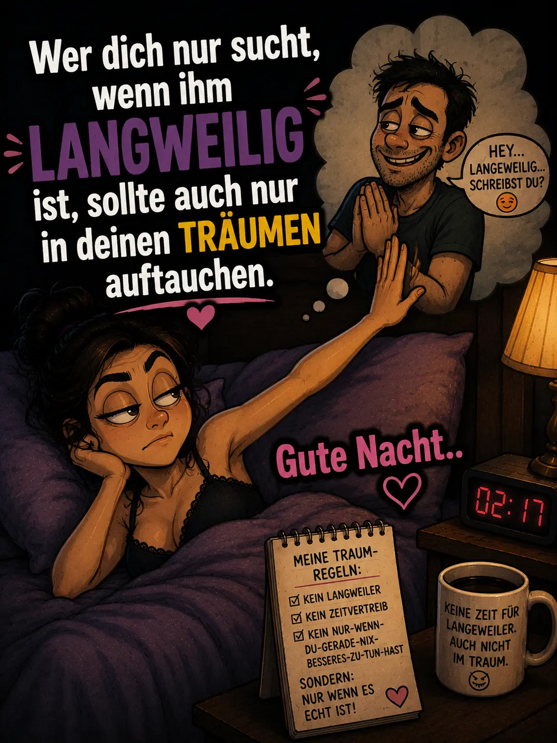 Freche verrückte witzige Gute Nacht Bilder – Frau weist langweiligen Mann ab