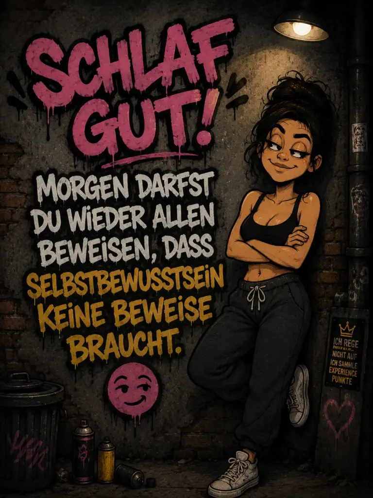 Freche verrückte witzige Gute Nacht Bilder – Graffiti Wand mit selbstbewusster Frau