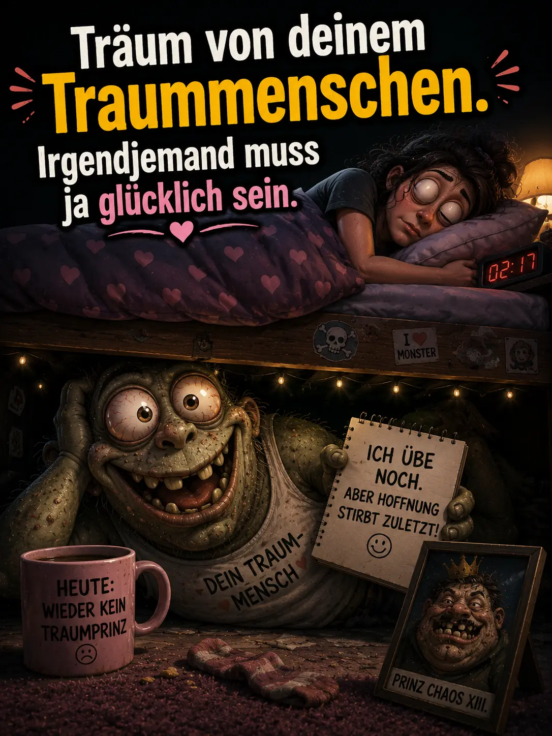 Freche verrückte witzige Gute Nacht Bilder – Monster als Traumprinz unter dem Bett