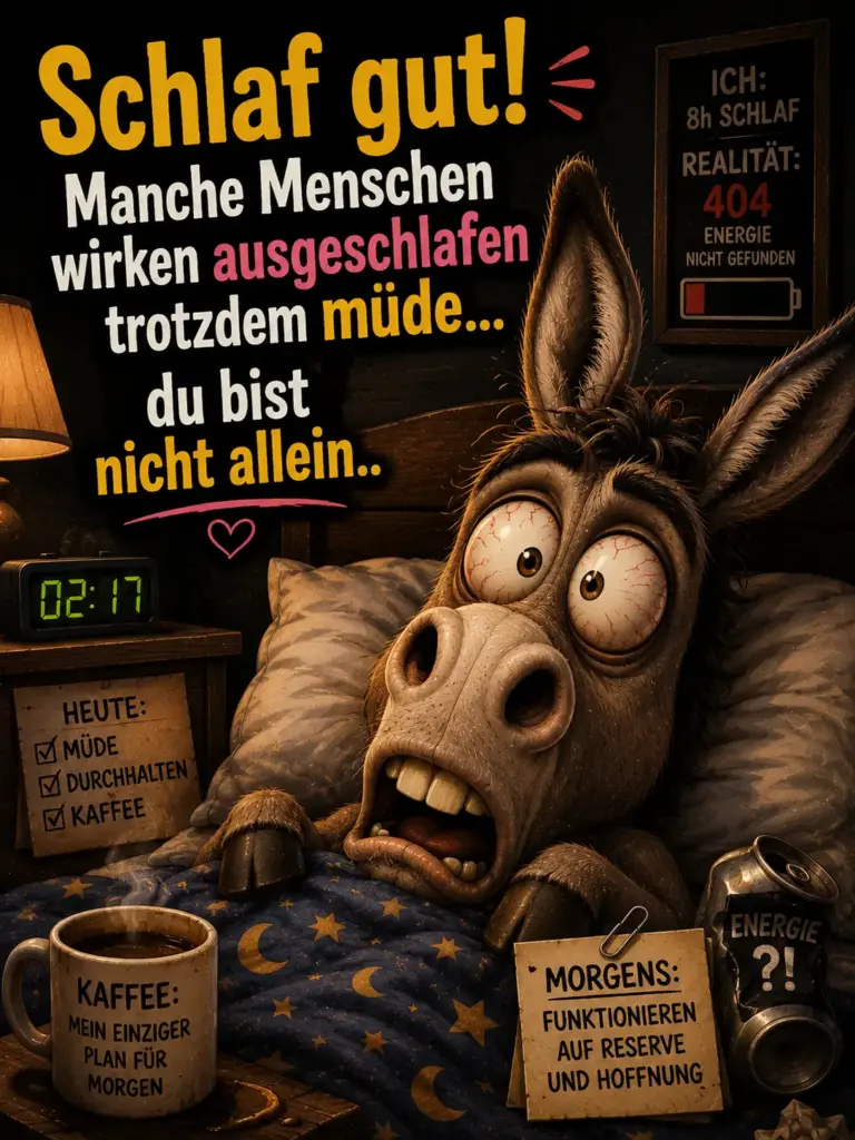 Freche verrückte witzige Gute Nacht Bilder – Müder Esel im Bett mit Kaffeetasse