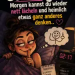 Eine schlaflose Frau im Bett macht ein Geheimniszeichen mit dem Finger vor dem Mund, während sie an ein freches Strichmännchen denkt, neben einem Digitalwecker mit der Uhrzeit zwei Uhr siebzehn und einer Kaffeetasse.