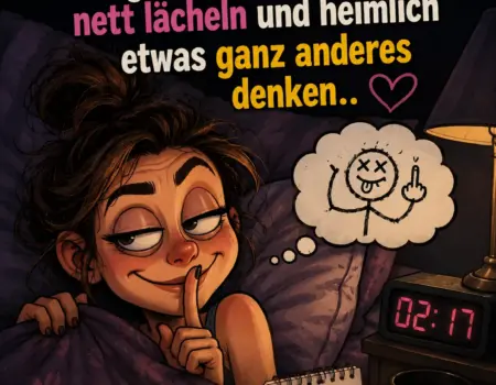 Eine schlaflose Frau im Bett macht ein Geheimniszeichen mit dem Finger vor dem Mund, während sie an ein freches Strichmännchen denkt, neben einem Digitalwecker mit der Uhrzeit zwei Uhr siebzehn und einer Kaffeetasse.