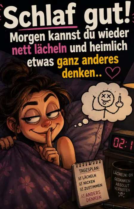 Eine schlaflose Frau im Bett macht ein Geheimniszeichen mit dem Finger vor dem Mund, während sie an ein freches Strichmännchen denkt, neben einem Digitalwecker mit der Uhrzeit zwei Uhr siebzehn und einer Kaffeetasse.