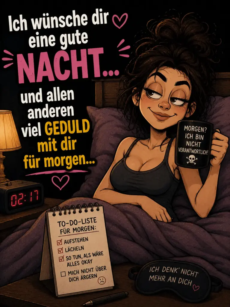 Freche verrückte witzige Gute Nacht Bilder – Sinsige Frau mit To-Do-Liste