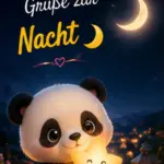 Ganz Liebe Gute Nacht Bilder Ein niedlicher kleiner Panda sitzt nachts im Freien und hält eine leuchtende Sternenlampe neben einer brennenden Laterne unter zwei Mondsicheln für Gute Nacht Grüße.