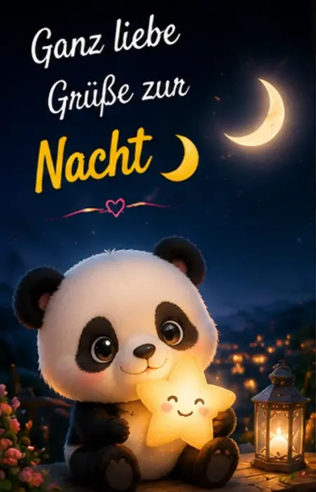 Ein niedlicher kleiner Panda sitzt nachts im Freien und hält eine leuchtende Sternenlampe neben einer brennenden Laterne unter zwei Mondsicheln für Gute Nacht Grüße.