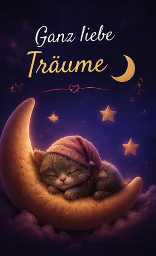 Ganz liebe Träume Bilder mit schlafender Katze auf dem Mond
