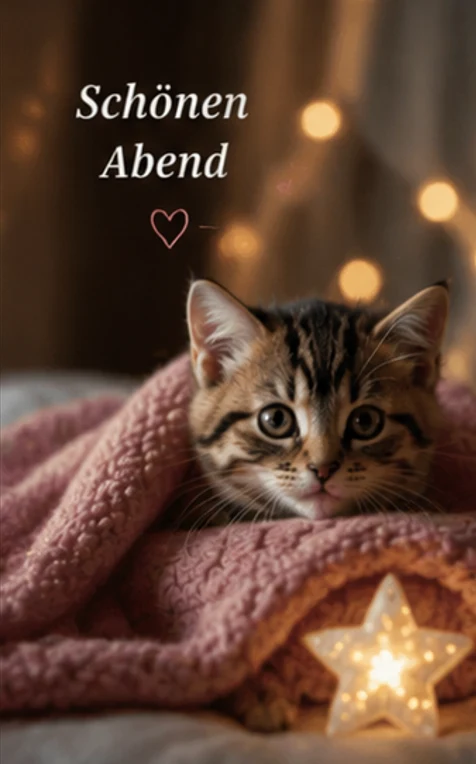 Gemütliche Abendgrüße mit süßer Katze für digitale Nachrichten.