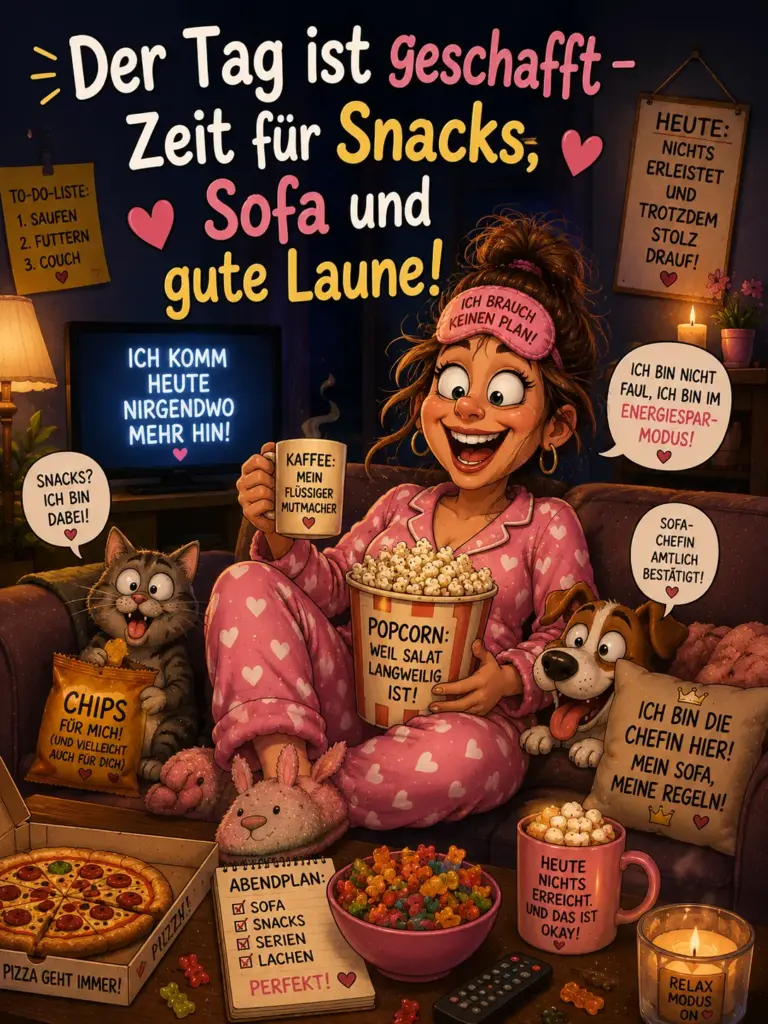 Gemütlichen Abend Bilder lustig – Couch-Abend mit Snacks, Katze und Hund