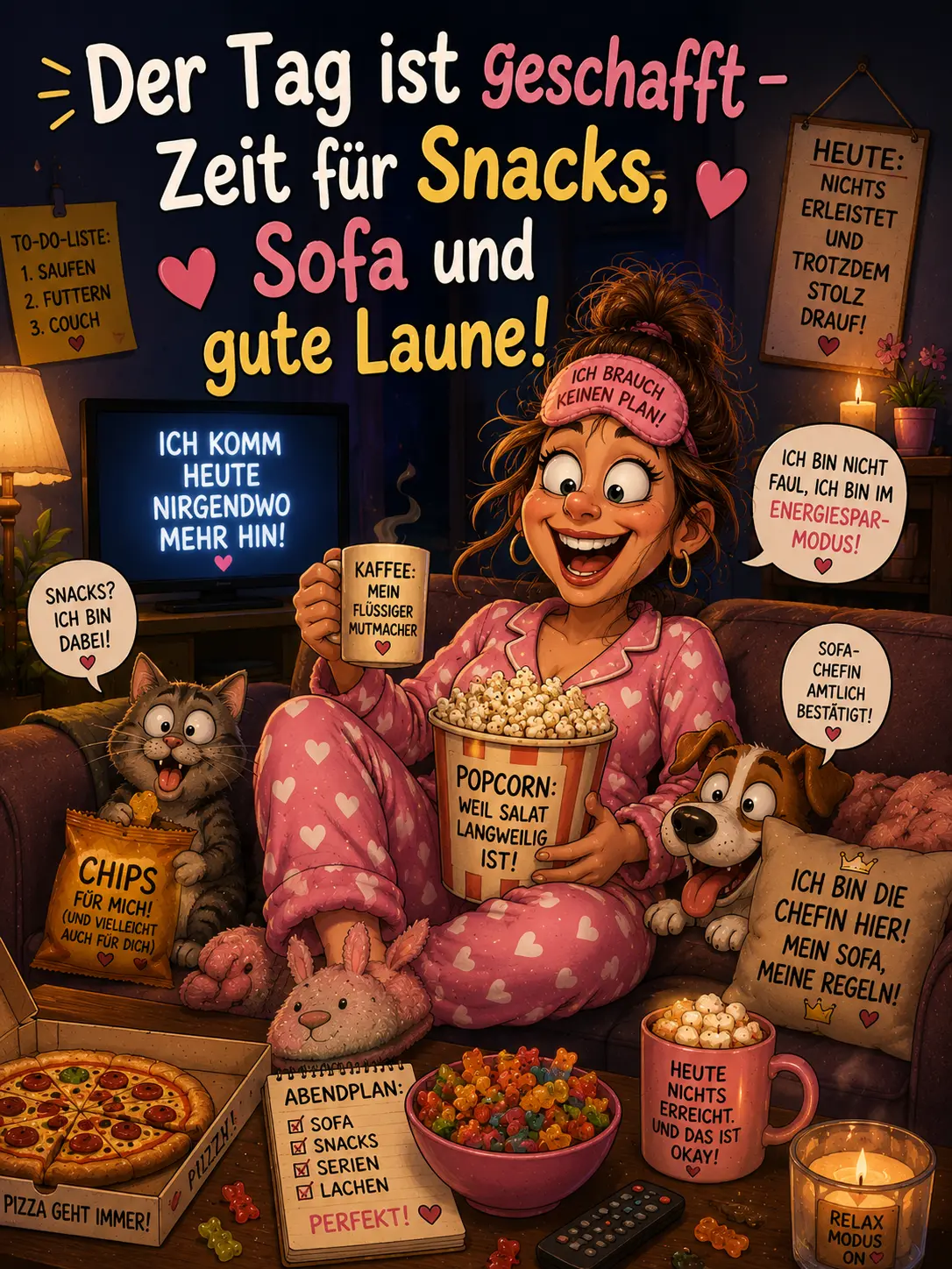 Gemütlichen Abend Bilder lustig – Couch-Abend mit Snacks, Katze und Hund