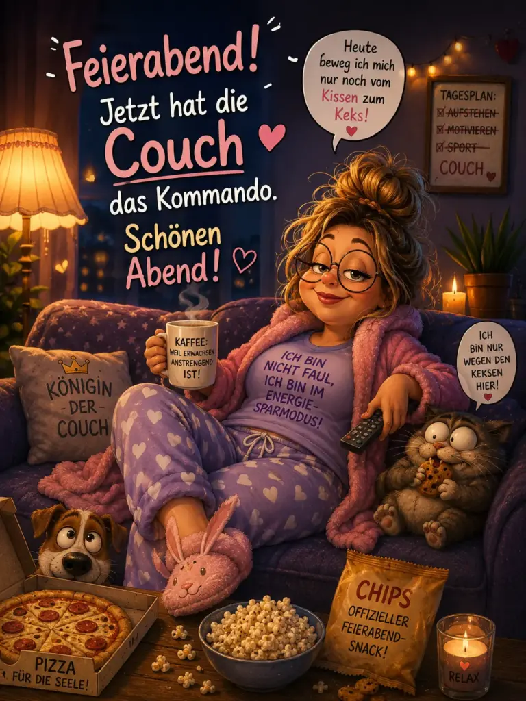 Gemütlichen Abend Bilder lustig – Feierabend Grüße mit Couch-Königin und Katze