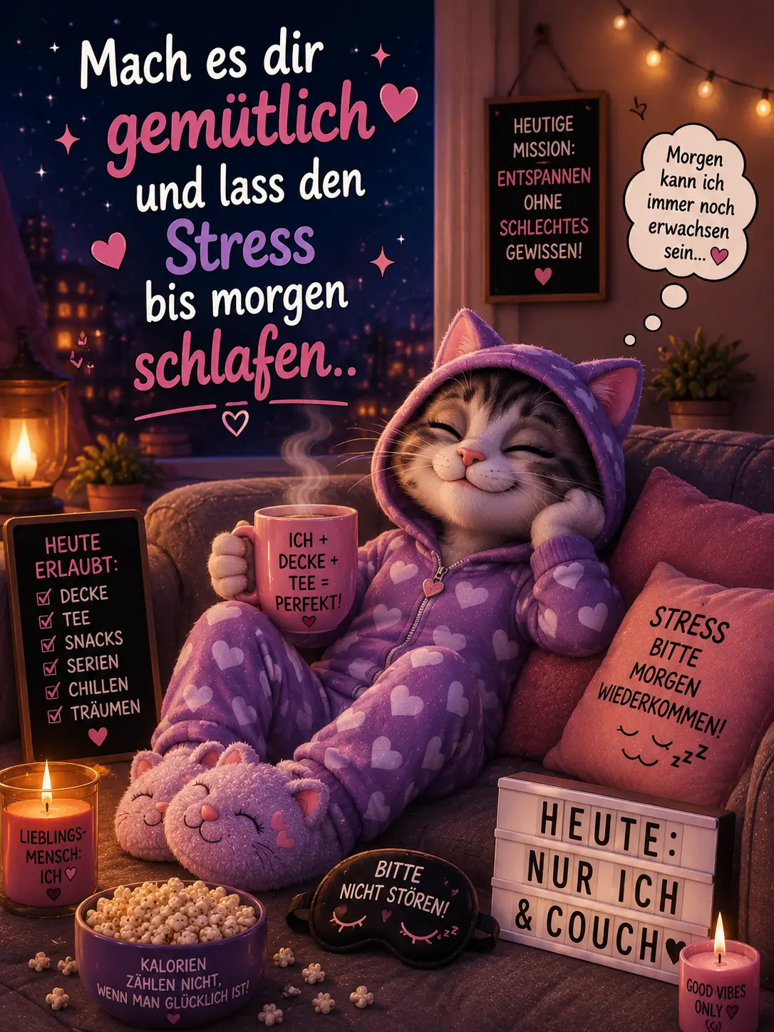 Gemütlichen Abend Bilder lustig – Süße Katze im Pyjama auf dem Sofa