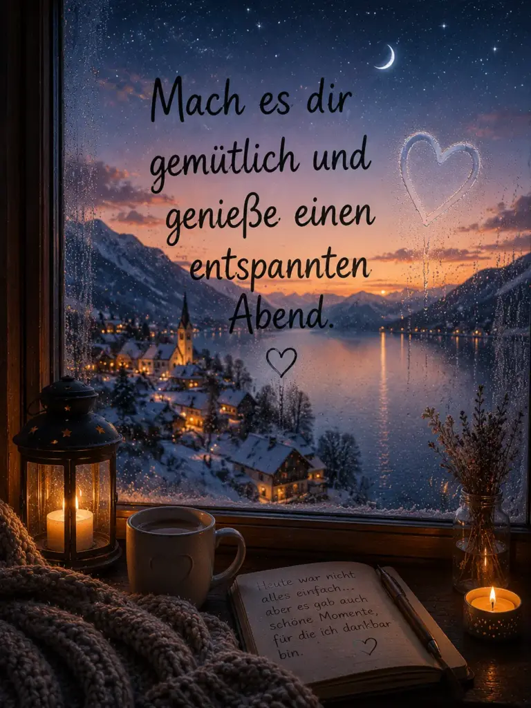 Gemütlichen Abend Bilder – Ausblick auf verschneites Dorf am See mit Kerzen