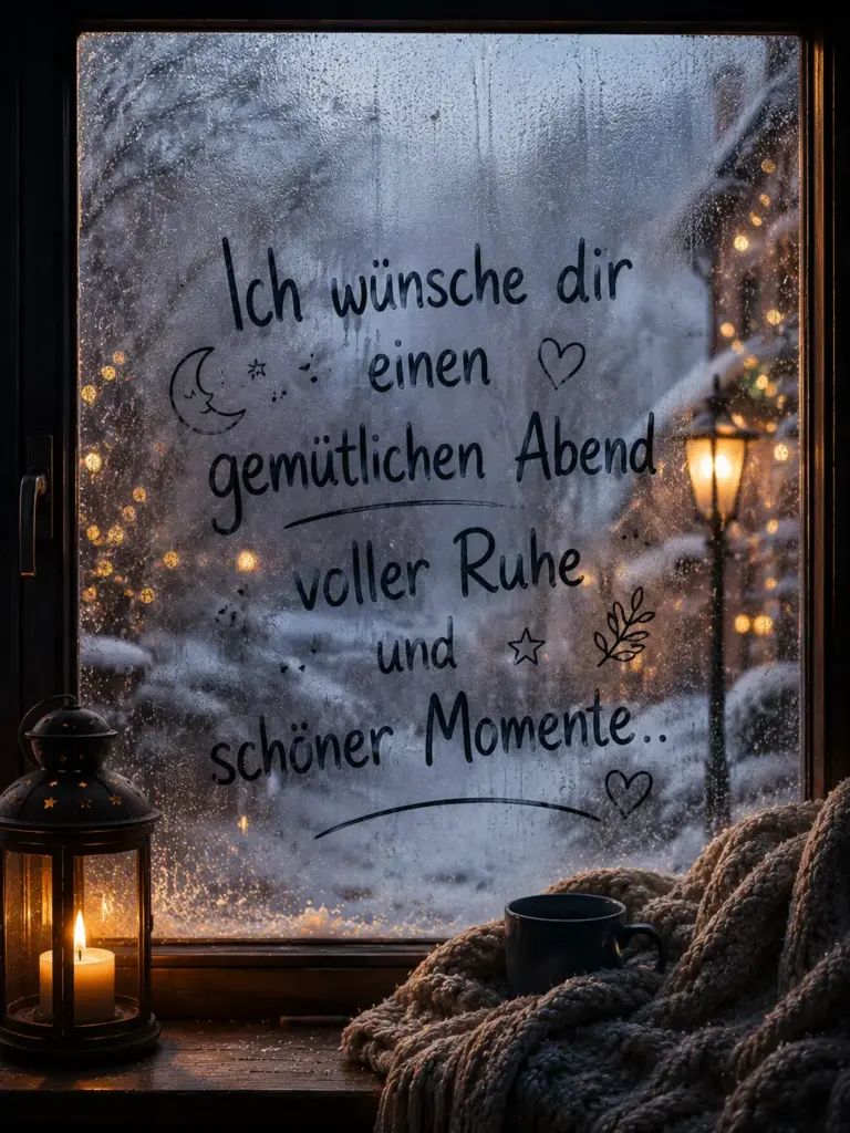 Gemütlichen Abend Bilder – Beschriftetes Regenfenster mit Laterne bei Nacht