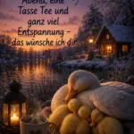 Stimmungsvoller Abendgruß im Winter mit einer Entenmutter und ihren schlafenden Küken, einer dampfenden Tasse Tee und einer brennenden Laterne vor einer verschneiten Hütte am See bei Sonnenuntergang.