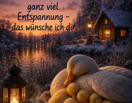 Stimmungsvoller Abendgruß im Winter mit einer Entenmutter und ihren schlafenden Küken, einer dampfenden Tasse Tee und einer brennenden Laterne vor einer verschneiten Hütte am See bei Sonnenuntergang.