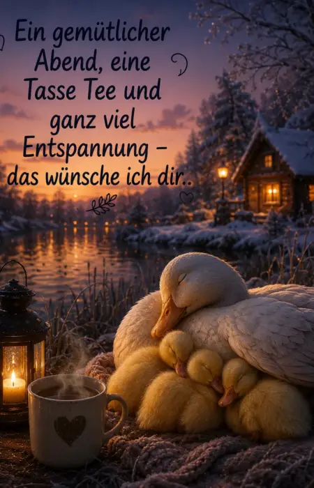 Stimmungsvoller Abendgruß im Winter mit einer Entenmutter und ihren schlafenden Küken, einer dampfenden Tasse Tee und einer brennenden Laterne vor einer verschneiten Hütte am See bei Sonnenuntergang.