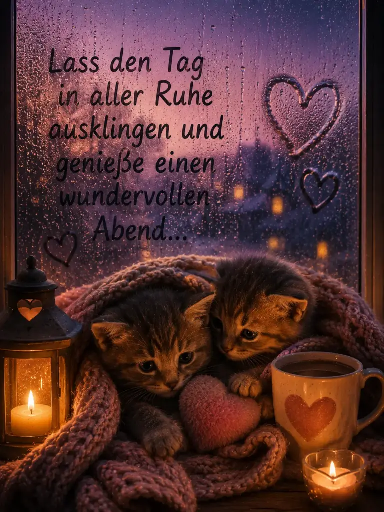 Gemütlichen Abend Bilder – Süße Kätzchen am Regenfenster mit Kaffee
