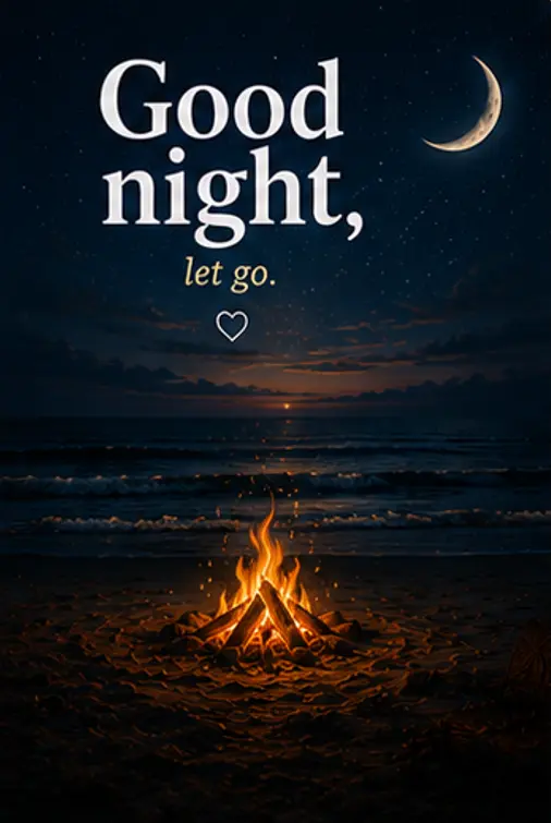 Good Night Bilder und ein Lagerfeuer am Strand bei Nacht