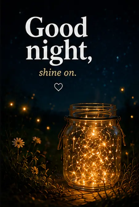 Good Night Bilder und ein leuchtendes Glas voller Lichterketten im Gras