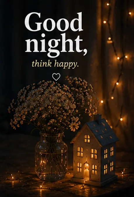 Good Night Bilder und ein leuchtendes Kerzenhaus neben einer Blumenvase