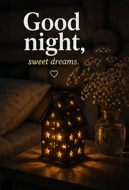 Good Night Bilder und ein leuchtendes Miniaturhaus auf dem Nachttisch
