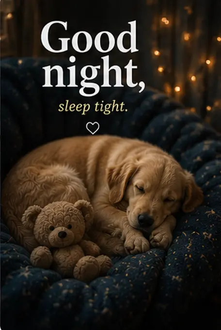 Good Night Bilder und ein schlafender Hund mit einem Teddybären