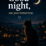 Good Night Bilder mit der Silhouette einer Katze auf einem Dach mit Blick auf eine beleuchtete Stadt unter einer Mondsichel