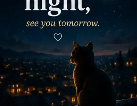 Good Night Bilder mit der Silhouette einer Katze auf einem Dach mit Blick auf eine beleuchtete Stadt unter einer Mondsichel