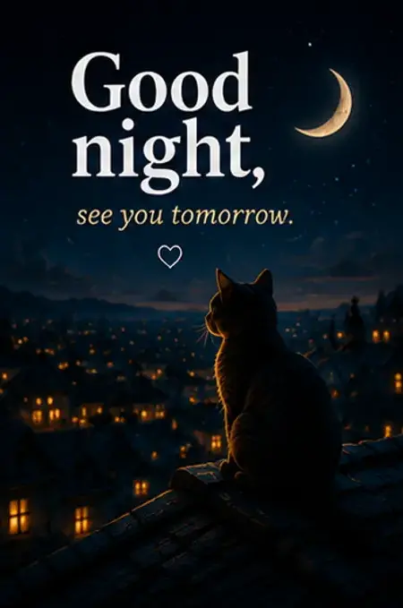 Good Night Bilder mit der Silhouette einer Katze auf einem Dach mit Blick auf eine beleuchtete Stadt unter einer Mondsichel