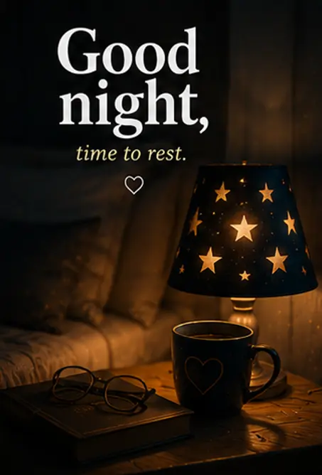 Good Night Bilder und eine Sternenlampe auf dem Nachttisch