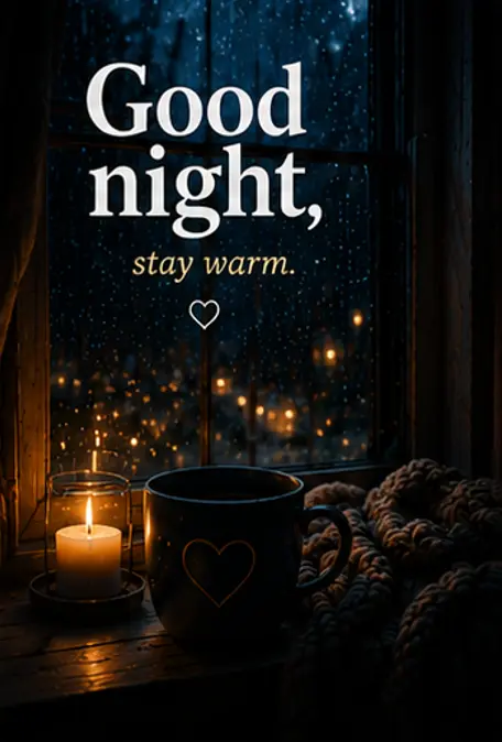 Good Night Bilder und eine warme Tasse am regnerischen Fenster