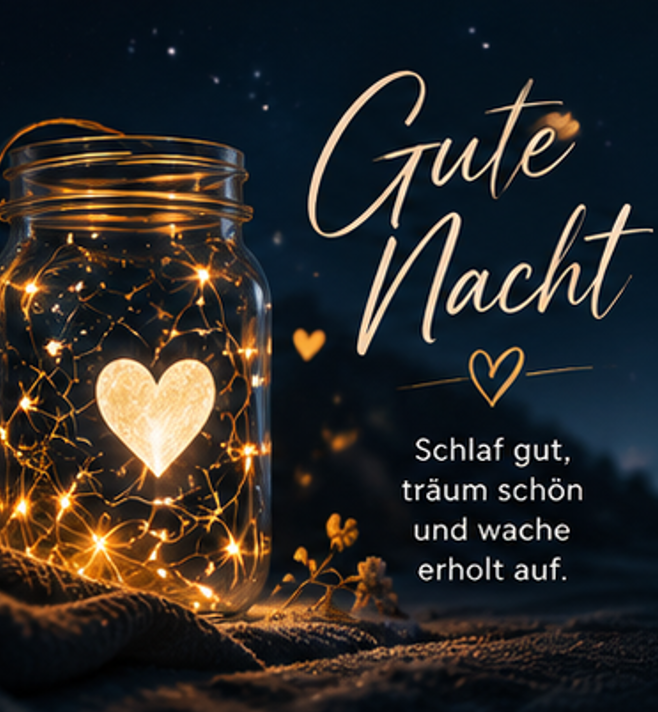 Gute Nacht Bilder Modern und ein leuchtendes Glas mit Lichterkette und Herz