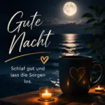 Gute Nacht Bilder Modern mit einer Kaffeetasse mit Herzmotiv und brennenden Teelichtern am Strand bei Vollmond