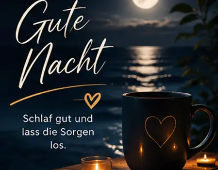 Gute Nacht Bilder Modern mit einer Kaffeetasse mit Herzmotiv und brennenden Teelichtern am Strand bei Vollmond