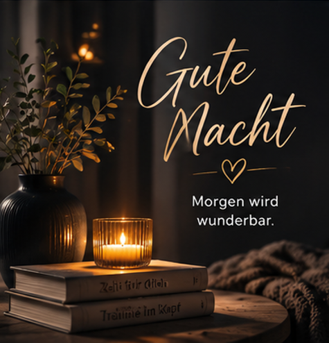 Gute Nacht Bilder Modern und eine brennende Kerze auf alten Büchern