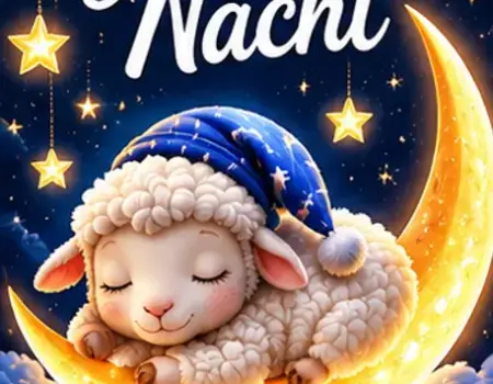 Gute Nacht Bilder Neu mit einem kleinen Lamm mit blauer Schlafmütze das auf dem Mond über den Wolken schläft