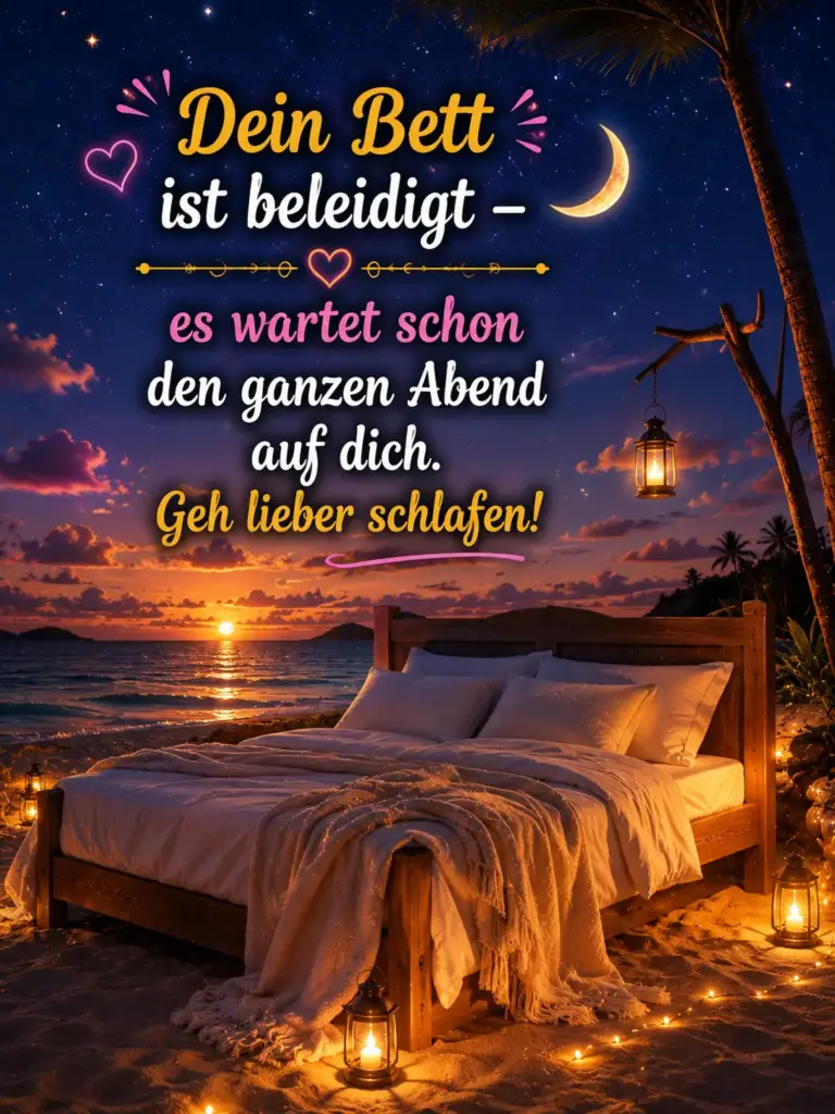Gute Nacht Bilder kostenlos WhatsApp – Bett am Strand bei Sonnenuntergang
