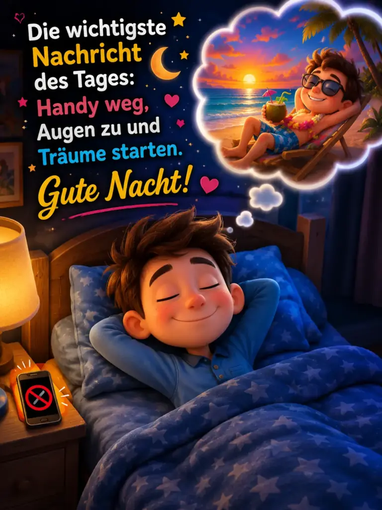 Gute Nacht Bilder kostenlos WhatsApp – Junge träumt vom Strandurlaub im Bett