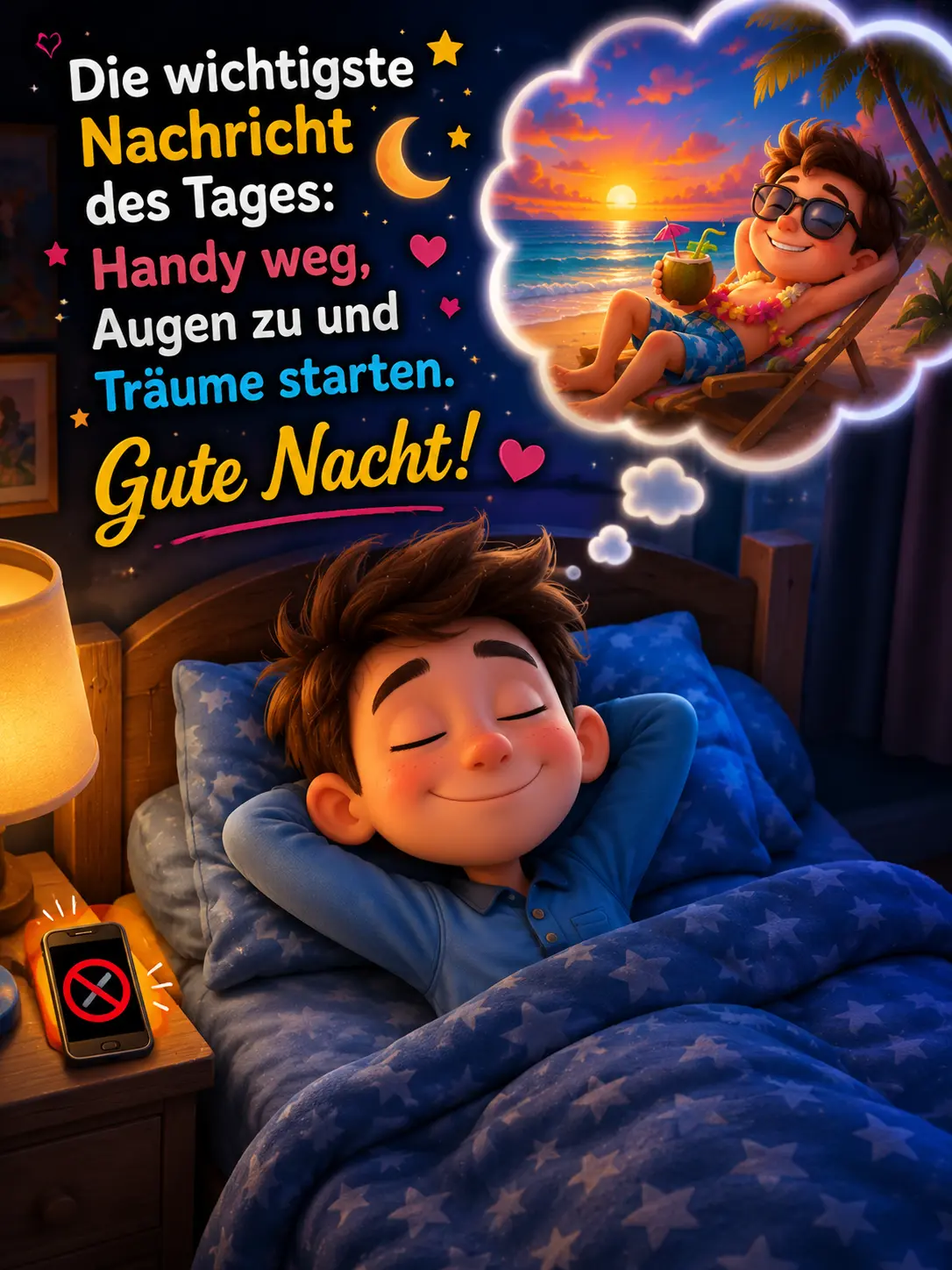 Gute Nacht Bilder kostenlos WhatsApp – Junge träumt vom Strandurlaub im Bett