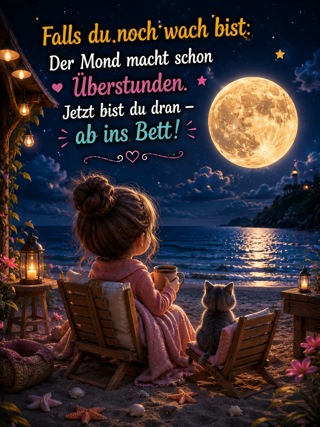 Gute Nacht Bilder kostenlos WhatsApp – Mädchen und Katze am Strand bei Vollmond