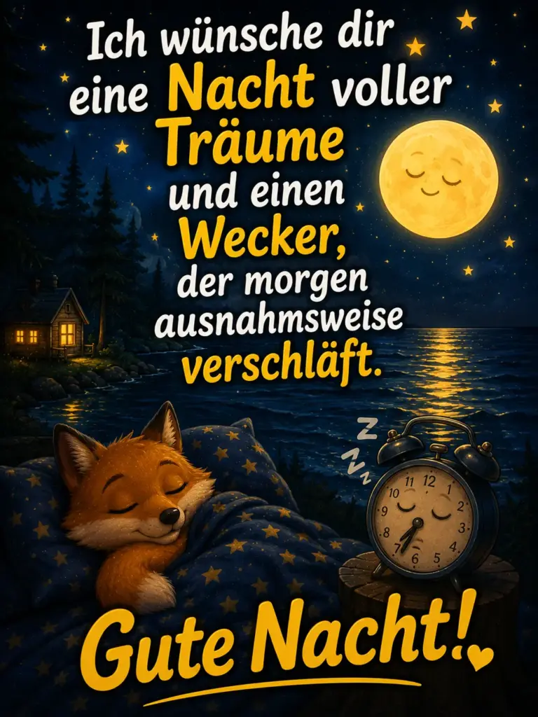 Gute Nacht Bilder kostenlos WhatsApp – Schlafender Fuchs und Wecker