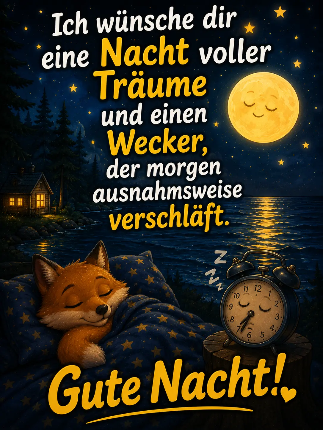 Gute Nacht Bilder kostenlos WhatsApp – Schlafender Fuchs und Wecker