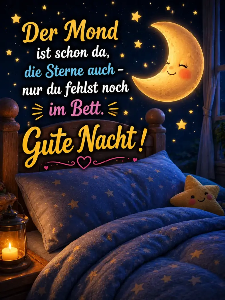 Gute Nacht Bilder kostenlos – Gemütliches Bett im Mondschein