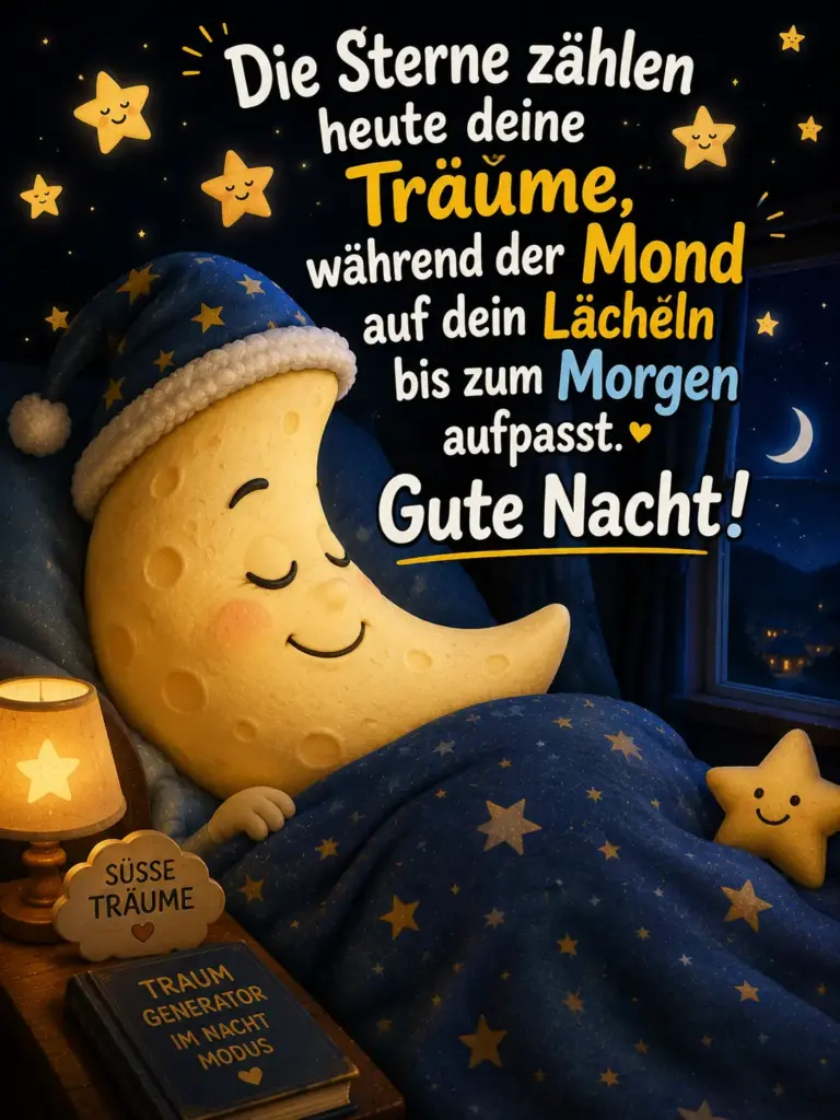 Gute Nacht Bilder kostenlos – Schlafender Mond unter Sterndecke