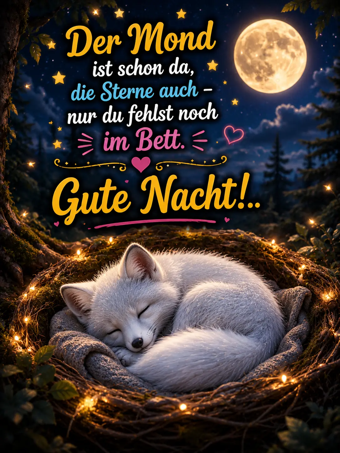 Gute Nacht Bilder kostenlos – Schlafender weißer Fuchs im Vollmondlicht