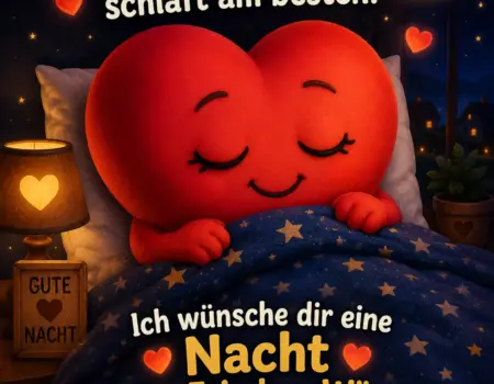 Gute Nacht Bilder kostenlos mit einem schlafenden roten Herz-Charakter im Bett unter einer blauen Sterndecke, einer Nachttischlampe, einer Mondsichel am Fenster und liebevollen Abendgruessen.