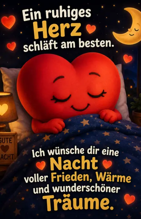 Gute Nacht Bilder kostenlos mit einem schlafenden roten Herz-Charakter im Bett unter einer blauen Sterndecke, einer Nachttischlampe, einer Mondsichel am Fenster und liebevollen Abendgruessen.