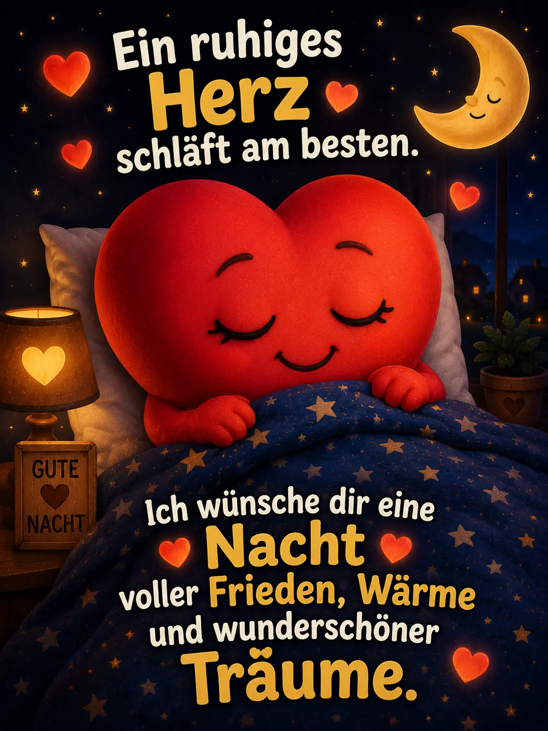 Gute Nacht Bilder kostenlos – Schlafendes rotes Herz im Bett